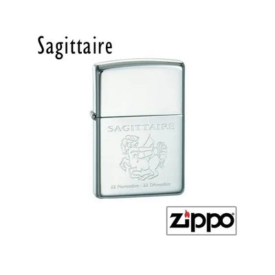 Briquet Zippo gravé au signe Sagittaire, dates incluses. Un cadeau astrologique sur mesure à personnaliser pour les amateurs de l’objet culte Zippo.