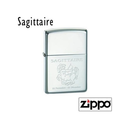 Briquet Zippo gravé au signe Sagittaire, dates incluses. Un cadeau astrologique sur mesure à personnaliser pour les amateurs de l’objet culte Zippo.