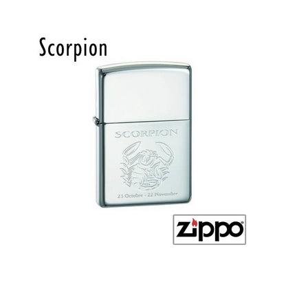 Briquet Zippo chromé gravé du signe astrologique Scorpion, avec les dates 23 octobre - 22 novembre en dessous du motif.