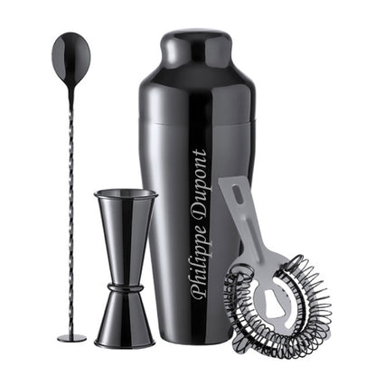 Ensemble shaker, cuillère, doseur et filtre en inox à personnaliser. Gravure laser précise, idée cadeau originale et durable.