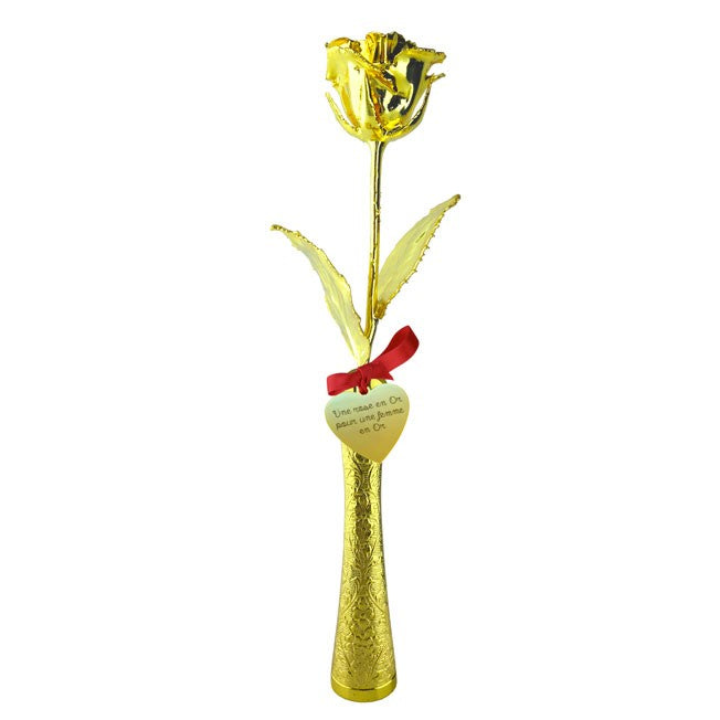Rose dorée personnalisée dans son soliflore assorti, idée de cadeau romantique gravé pour femme.