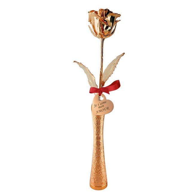 Rose éternelle or rose 18 carats dans son soliflore assorti, personnalisée avec message d’amour gravé.