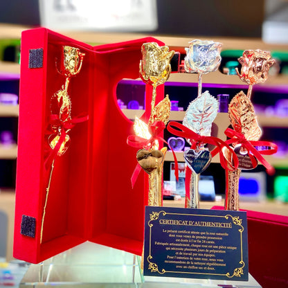 Ensemble de roses éternelles personnalisables avec soliflores métalliques assortis, coffret cadeau haut de gamme.