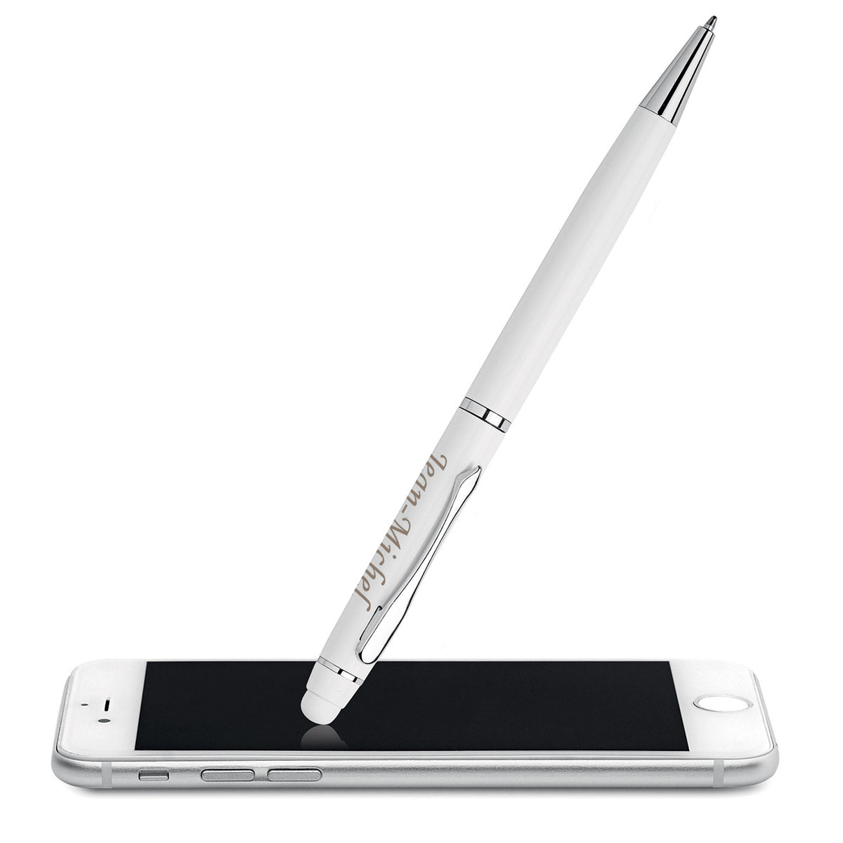 Stylo bille Touch Twist blanc personnalisé avec gravure sur le stylo tactile, cadeau élégant en aluminium à personnaliser.