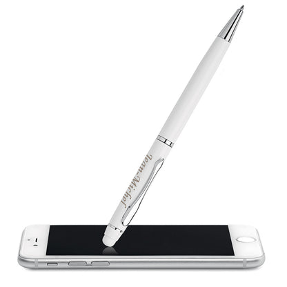 Stylo bille Touch Twist blanc personnalisé avec gravure sur le stylo tactile, cadeau élégant en aluminium à personnaliser.