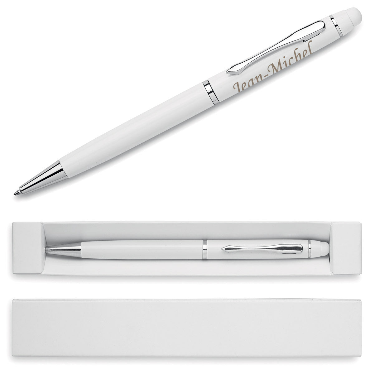 Stylo bille Touch Twist personnalisé avec gravure et boîte cartonnée assortie, cadeau personnalisé design et moderne.