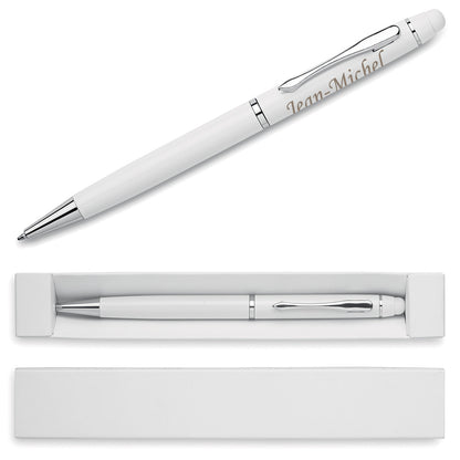 Stylo bille Touch Twist personnalisé avec gravure et boîte cartonnée assortie, cadeau personnalisé design et moderne.