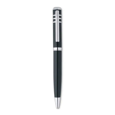 Stylo twist en métal noir avec finitions argentées, personnalisable et présenté sans coffret, parfait pour un cadeau élégant.