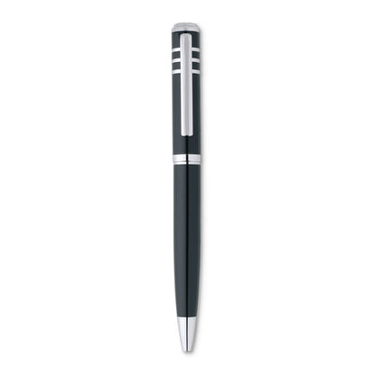 Stylo twist en métal noir avec finitions argentées, personnalisable et présenté sans coffret, parfait pour un cadeau élégant.