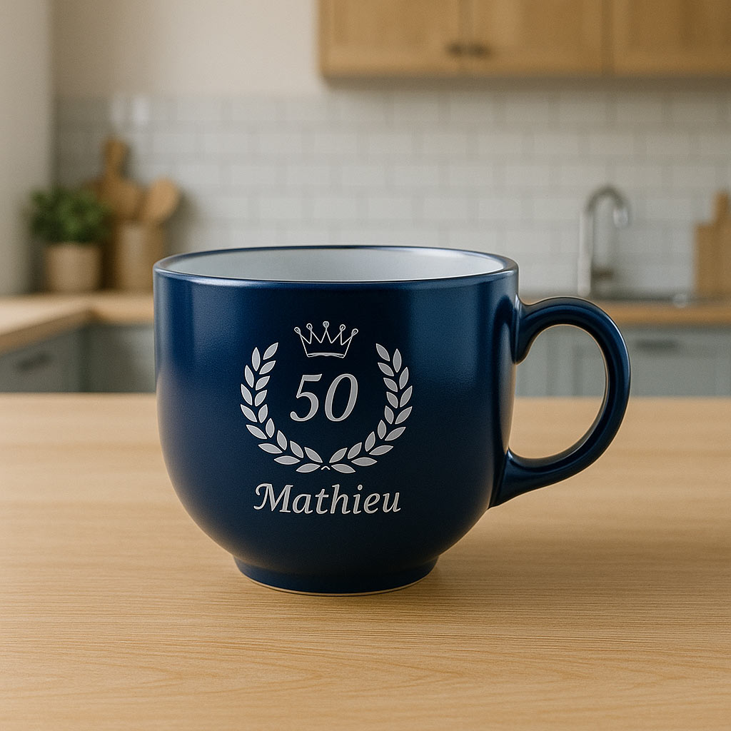Tasse Jumbo bleue posée sur une table de cuisine, gravée avec “50 Mathieu” et une couronne de laurier. Élégant cadeau personnalisé prêt à offrir.