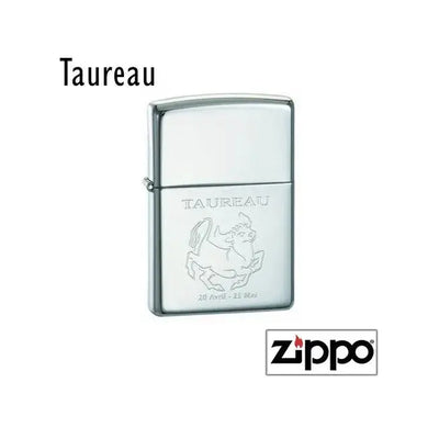 Briquet Zippo personnalisable représentant le signe du Taureau, accompagné des dates 20 avril - 21 mai gravées sous l’illustration.