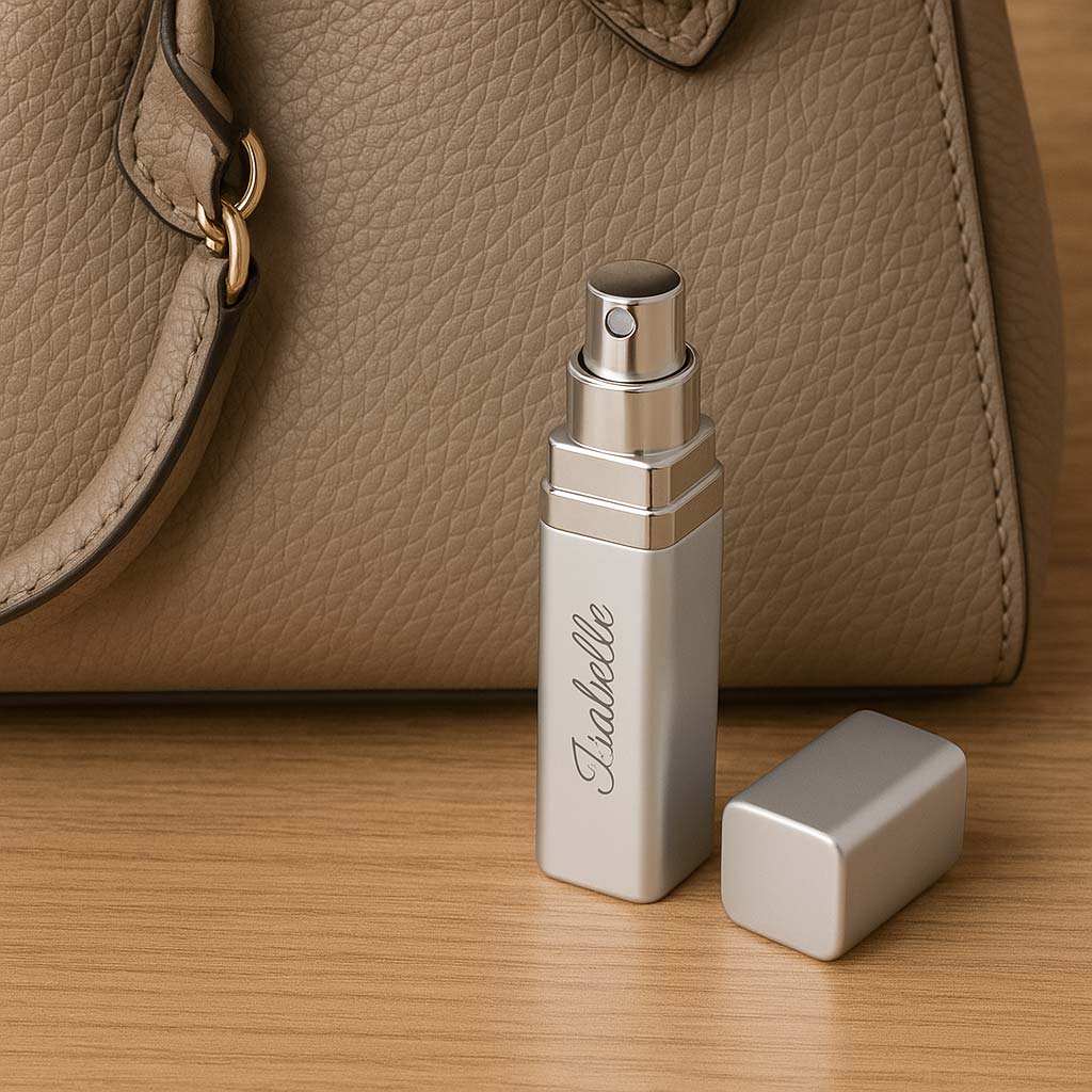 Flacon de parfum personnalisable en aluminium argenté avec gravure "Isabelle" et capuchon ouvert, un cadeau raffiné à personnaliser selon vos envies.