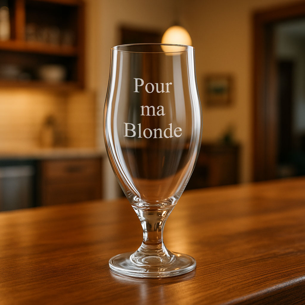 Verre à bière à personnaliser avec texte gravé, idée de cadeau personnalisé unique pour anniversaire, fête ou événement.
