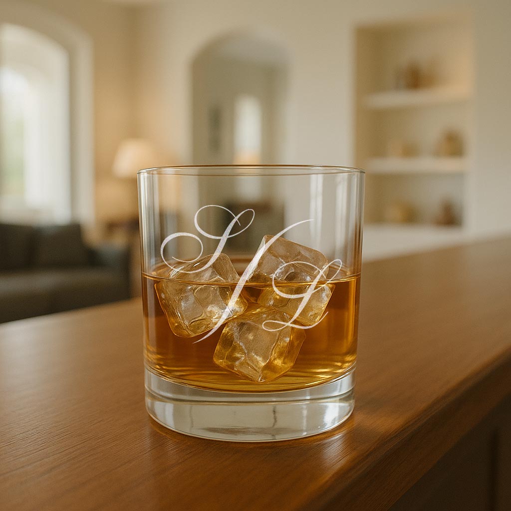 Verre à whisky gravé avec initiales personnalisées, rempli de whisky et de glaçons, posé dans un intérieur chic. Cadeau personnalisé parfait pour amateur de whisky, fête des pères ou anniversaire élégant.